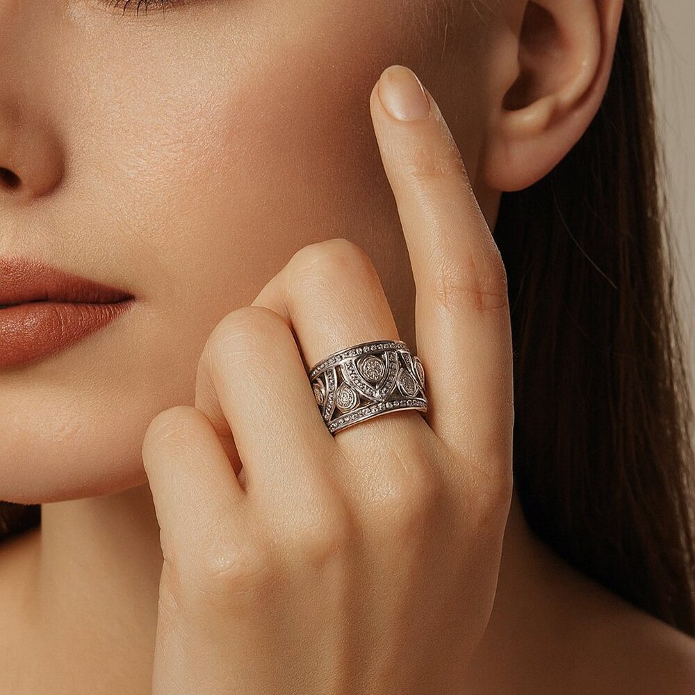 Sterling Silver 925 CZ Wide Filigree Band Ring Size 7.5‎
